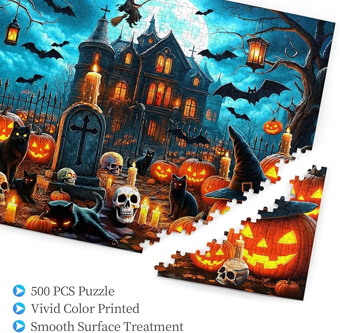 Halloween Haunted House 500 Pieces Jigsaw for Adults Horror Haunted Mansion Scene Jigsaw Horror House Ghosts Pumpkin Skeleton Grave Theme Puzzles for Adults