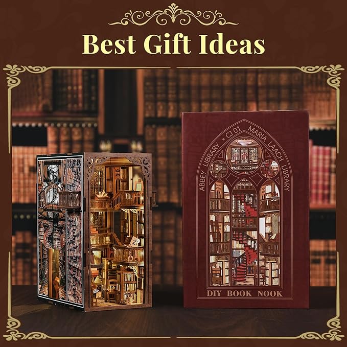 Book Nook Kit, DIY Miniature House Dollhouse Kit for Adults and Teens, Booknook Tiny House Bookshelf Decor with LED Light and Dust Cover (Abbey Library)