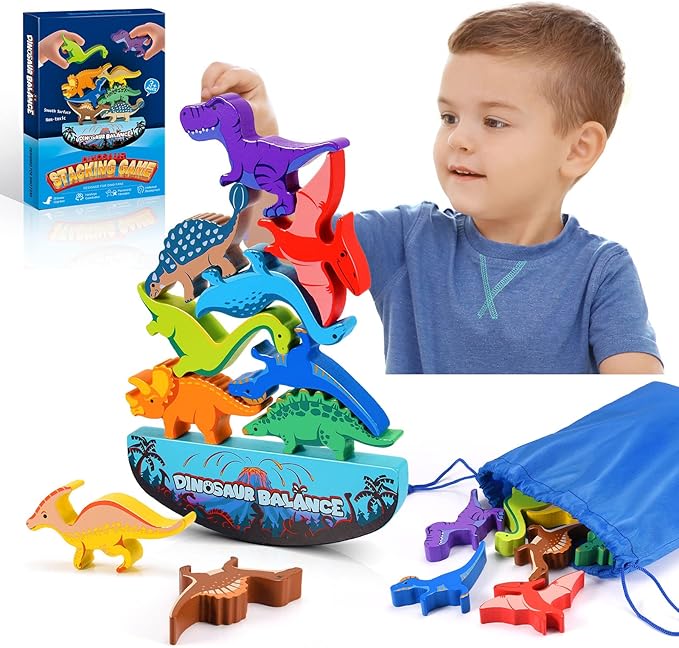 Dinosaur Toys for Kids 3-5: Wooden Stacking Montessori Toys for 3 4 5 6 7 8 Year Old Boys Girls Christmas Birthday Gifts for Kid Ages 4-8 Balance Competition Game for Family Stocking Stuffers