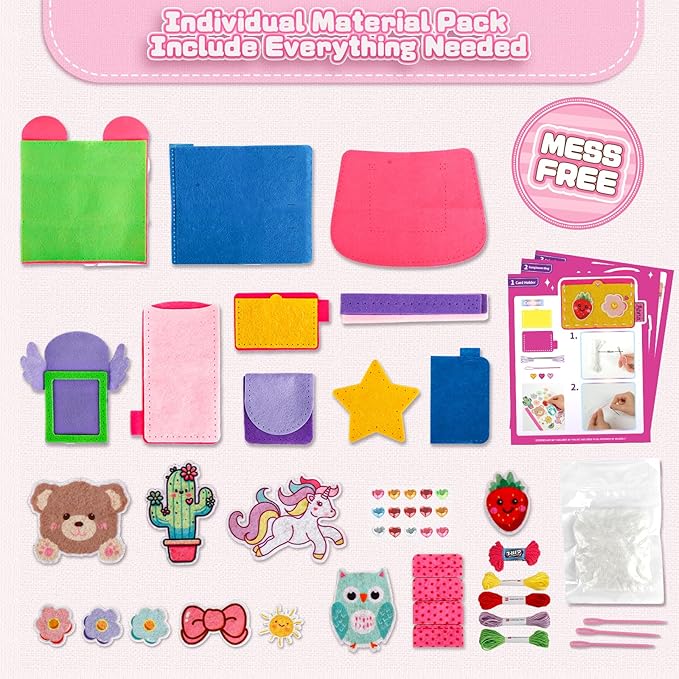 Sewing Kit for Kids, Arts & Crafts for Kids Ages 4-8,Craft Box 10 Felt DIY Projects of Stuffed Animal Dolls and Plush Pillow, Crafts Activities Gift for Girls Boys Age 6 7 8 9 10 11 12 Years Old