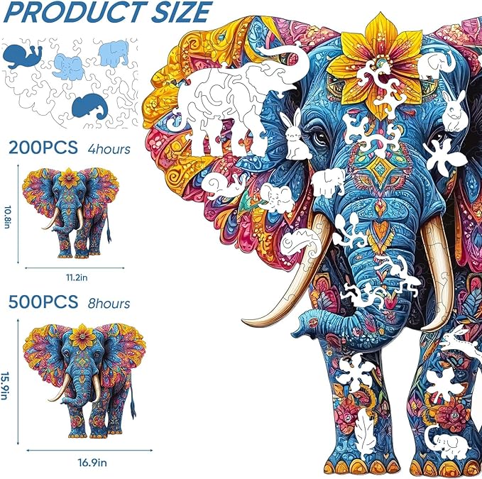 Wooden Jigsaw Puzzle, 500 Pcs Unique 3D Shape Jigsaw Puzzles, Wood Puzzle Gift Box Packing, Medium Size Letter, Creative Gift for Adults and Kids, Fun Challenging (EA2Elephant, 500PCS)