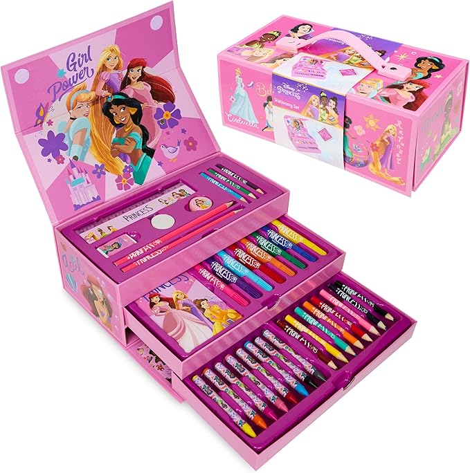 Disney Stitch Kids Colored Pencils Drawing Kit Art Set for Girls Boys Stationery with Notepad Crayons Markers Travel Case Gifts for Kids (Pink Princesses)
