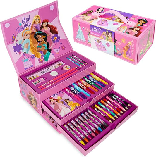 Disney Stitch Kids Colored Pencils Drawing Kit Art Set for Girls Boys Stationery with Notepad Crayons Markers Travel Case Gifts for Kids (Pink Princesses)