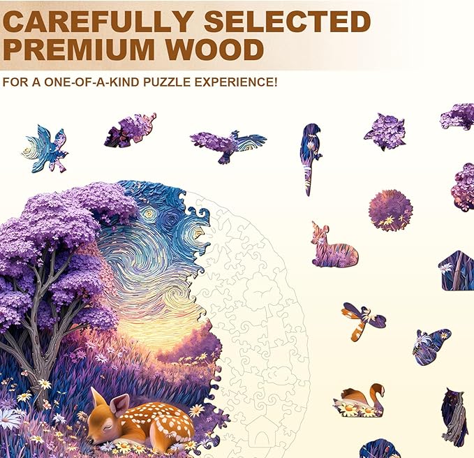 Jigfoxy Wooden Puzzles for Adults, Starry Night Fawn Wood Puzzles Adult, Unique Animal Shape Wooden Jigsaw Puzzles for Adults, Birthday Gifts for Puzzle Lovers, Family, Friend (S-8.5 * 8.5in-100pcs)