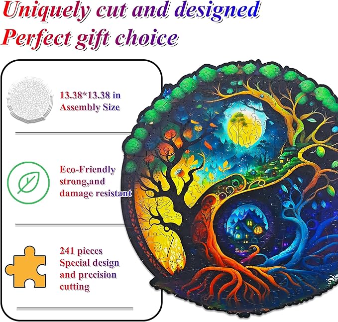 Wooden Jigsaw Puzzle for Adults,Night Tree House Animals Shaped Magic Puzzle Pieces Best Gift for Adults,Can be Used as a Cool Mouse Pad,241pcs,(13.38 * 13.38 inches)