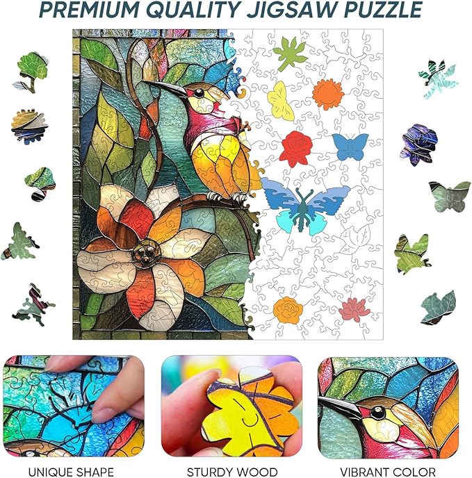 Wooden Puzzle for Adults, Stained Glass Hummingbird Puzzle 500 Piece, Unique Animal Shape Puzzles, Wooden Jigsaw Gift for Adults Thanksgiving for Family Friend (15.9 * 15.9 in)