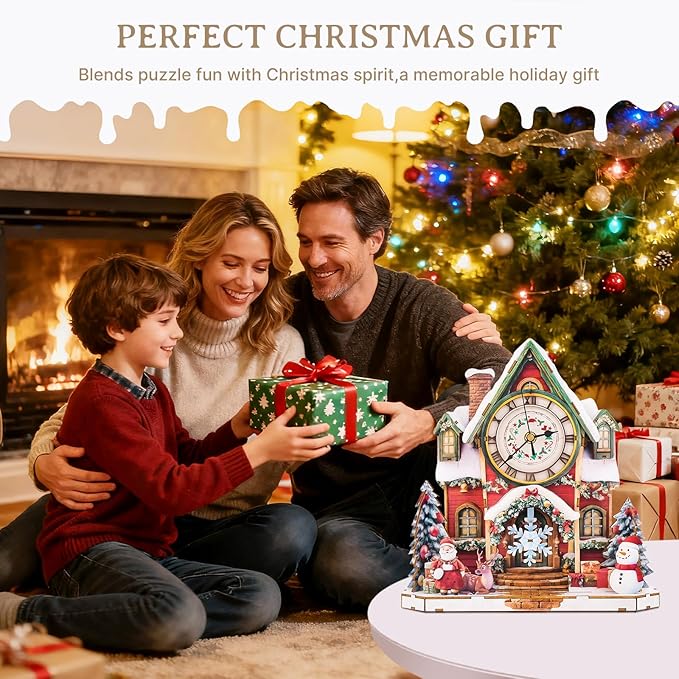 KAAYEE 3D Puzzle for Adult, Wooden Christmas Snow Cabin Pendulum Clock Puzzle Kit, 73 PCS DIY Vintage Wall Clock, Creative Craft Gift for Birthday Xmas Home Decor (Battery Not Included)