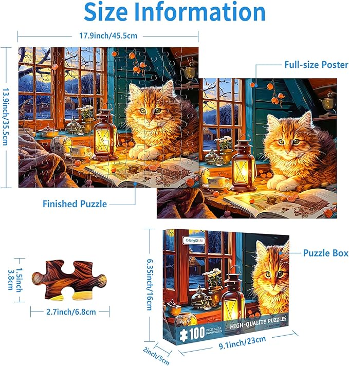 100 Piece Puzzles for Kids Reading Cat 100 Piece Puzzles for Adults, Cute Kitten 100 Pieces Puzzle for Kids Ages 4-8, Cozy Retreat Puzzle for Seniors Teens Brain Teaser