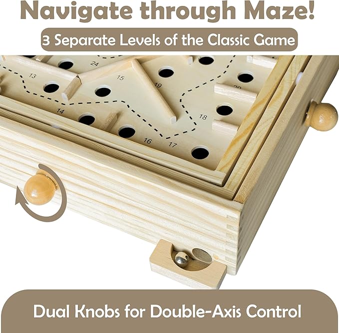 Sterling Games Wooden Labyrinth with 3 Swappable Boards – Classic Maze Game with 60, 36, and 25 Waypoints – Wooden Tilt Puzzle with Knob Control and 3 Steel Marbles for Kids Age 6+