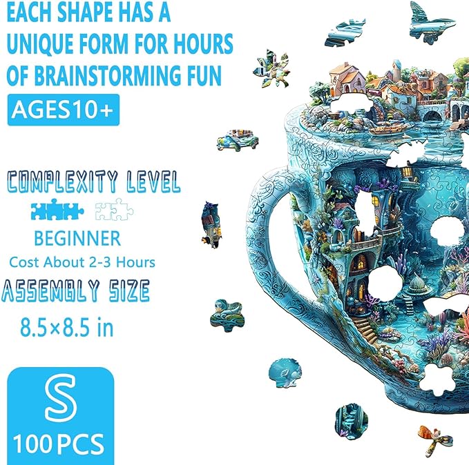 Wooden Puzzles for Adults, Ocean Mug Wooden Jigsaw Puzzle for Adults, Unique Shaped Wood Puzzles Adult, Dreamy City Scenery Puzzle, Fun Gifts & Home Decor (S-8.5 * 8.5in - 100 pcs)