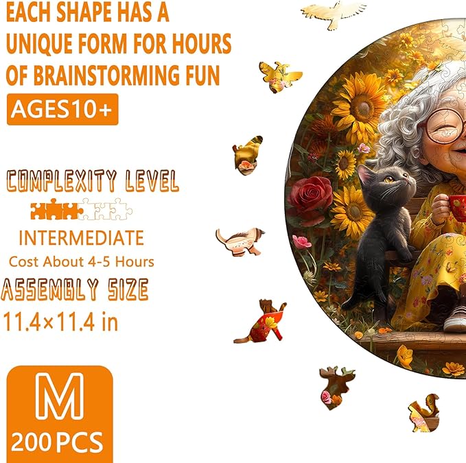 Wooden Puzzles for Adults, Sunny Afternoon Wood Puzzles Adult, Cat Sunflower Wooden Jigsaw Puzzle for Adults, Unique Shape Puzzle, Good Gift Idea for Family & Seniors (M-11.4 * 11.4in -200 Pieces)