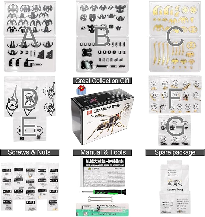 3D Metal Wasp Puzzles for Adults Model Kits Mechanical Puzzle Building Blocks, Difficult DIY for Assembly Gifts for Men (Metal Wasp-Black Golden)