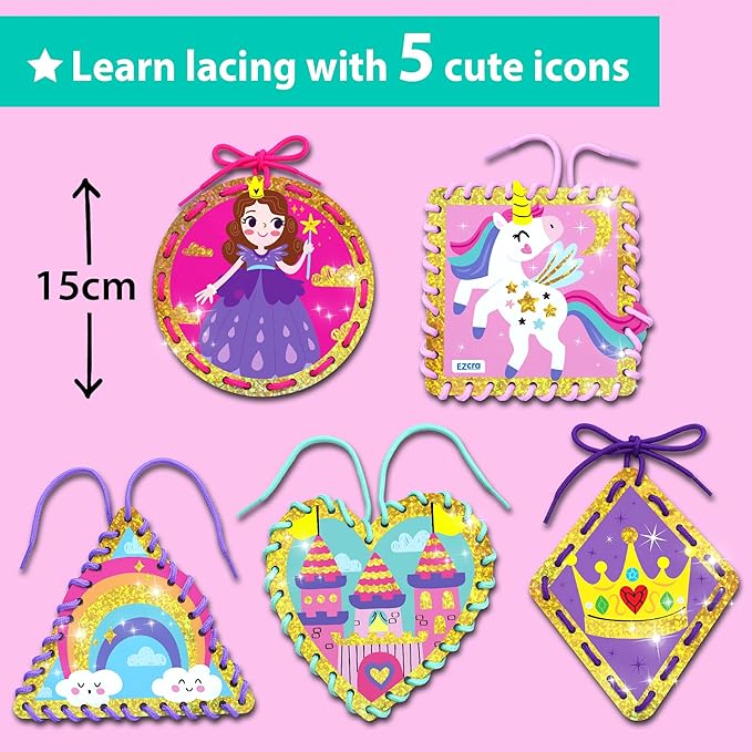 EZCRA Lacing Cards for Kids Ages 3-5 - 5 Pcs Princess and Unicorn Theme with Colorful Laces - Craft Kit for Kids DIY Activity Set - Fine Motor Skills Toys and Preschool Learning Activities