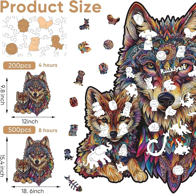 Ruikiyart Wooden Puzzles for Adults, 5MM 200 Pieces Wolf Family Wooden Jigsaw Puzzles, Animal Unique Shaped Puzzle Gifts for Adults and Kids on Thanksgiving, Family Puzzle Games (9.8"*12")