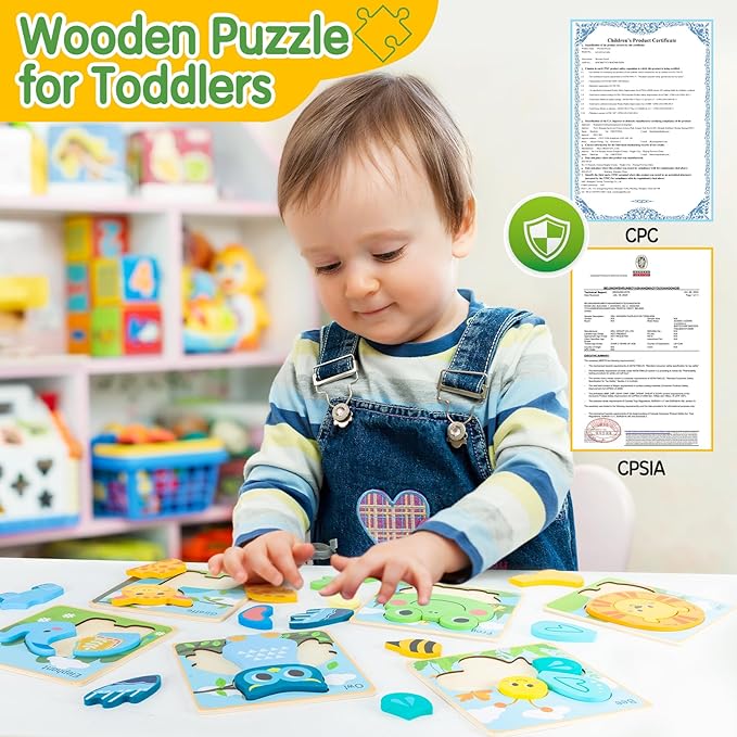 deli Wooden Toddler Puzzles, 6 Pcs Animals Puzzles for Toddler, Montessori Preschool Educational Learning Toys Make a Great Gifts for 1 2 3 4 5 Year Olds