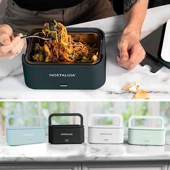 Nostalgia 32-Ounce Heated Electric Lunch Box – Travel Size 4 Cup Capacity for Soup, Pasta, and Leftovers – Leak-Proof Silicone Sealed Lid, Foldable Carry Handle, Detachable Cord – Black
