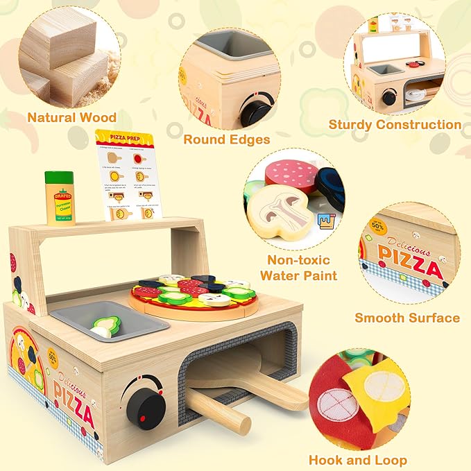Wooden Pizza Toy - 48 PCS Montessori Pretend Play Food for Ages 3+, Educational Learning Toy Wooden Playset with Bake Oven, Christmas Birthday Gift for 3 4 5 6 Year Old