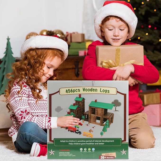 Wondertoys 456Pcs Big Villa Wooden Log Set Real Wood Logs Classic Building Log Ages 3+ Best Retro Building Gift Set Creative Construction Engineering Educational Gifts