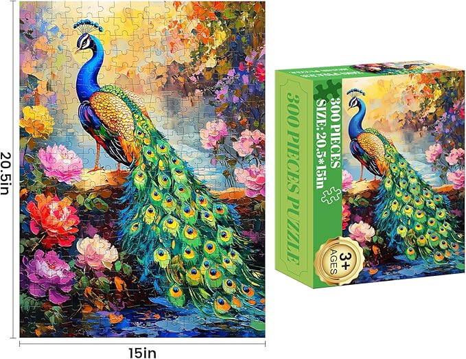 300 Piece Puzzle for Adults Peacock Puzzle Jigsaw Puzzles 300 Pieces Adult Puzzles Games for Kids Ages 8-10 10-12 Recycled Cardboard Puzzles Gift Toy 20.5x15IN
