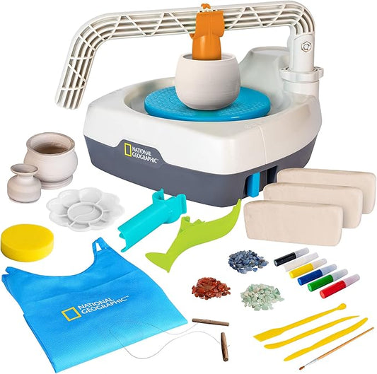 Blue Marble National Geographic Deluxe Pottery Wheel Kit – Complete Starter Pottery Set, Plug-in Motor, 3 lbs. Air Dry Clay, Gemstone Chips, Sculpting Tools, Patented Arm Tool, Paints & More