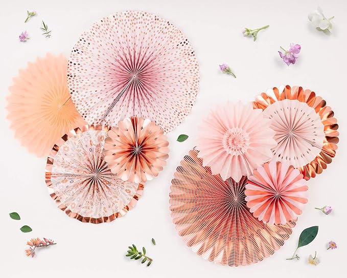 PapaKit Origami Wall Decoration Set (8 Assorted Round Paper Fans) Birthday Party Baby Shower Wedding Events Decor | Creative Art Design Pattern (Lustrous Pink Coral with Metallic Rose Gold)