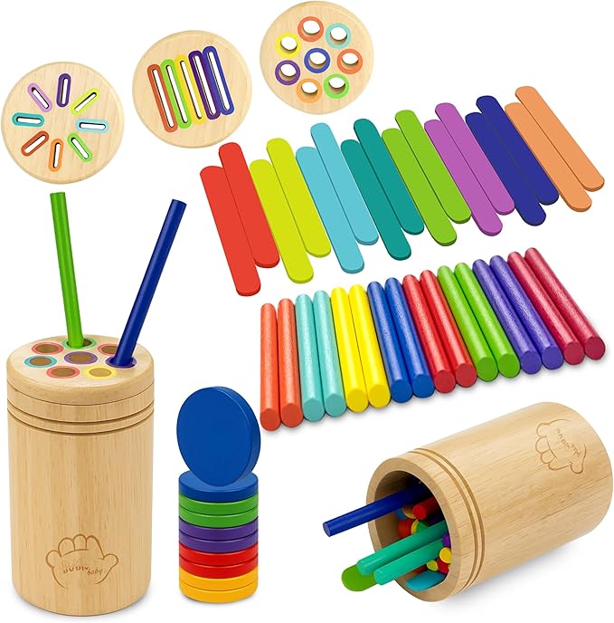 Bublo Baby Wooden Montessori Color Sorting Toy for Toddlers 1-3 – Fine Motor Skills Toys for 1, 2, 3 Year Old – Toddler Busy Toys – 46-Piece Wooden Color Sorting & Stacking Toy Set