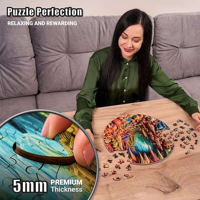 LEOGOR Wooden Jigsaw Puzzles for Adults 350 Pieces (15 × 14.9 in), Cave Puzzle, Extra-Thick 5mm Wood, 3D Vision Mosaic Nature Design, Unique Animal Shapes, Challenging Gift for Adults and Teens