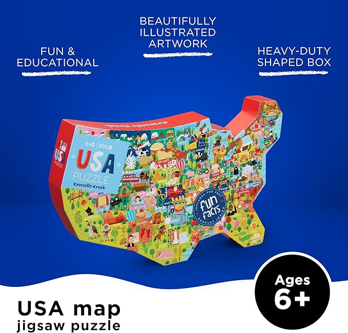Crocodile Creek 200-Piece Jigsaw Floor Puzzle - Unique Puzzles for Kids Ages 6-8 and Up - Heavy-Duty Shaped Box for Storage - Includes a Fun Fact Booklet - USA Puzzle - 13" L x 19" H Finished