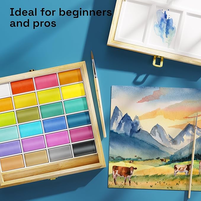 ARTISTRO x HANNAH M.P Professional Watercolor Paint Set Limited Edition with 24 colors in Bamboo Wooden Box (6ml XL Pans) - 2 Brushes, Watercolor Paper, Mixing Tray - Watercolor Set for Professionals made by professionals