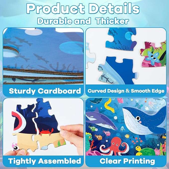 Puzzles for Kids Ages 4-8, 71 Piece Jumbo Large Underwater Ocean Floor Puzzle Sea Animals Shark Round Puzzles for Toddler Children 3-5 Educational Learning Toys for Boys Girls Birthday