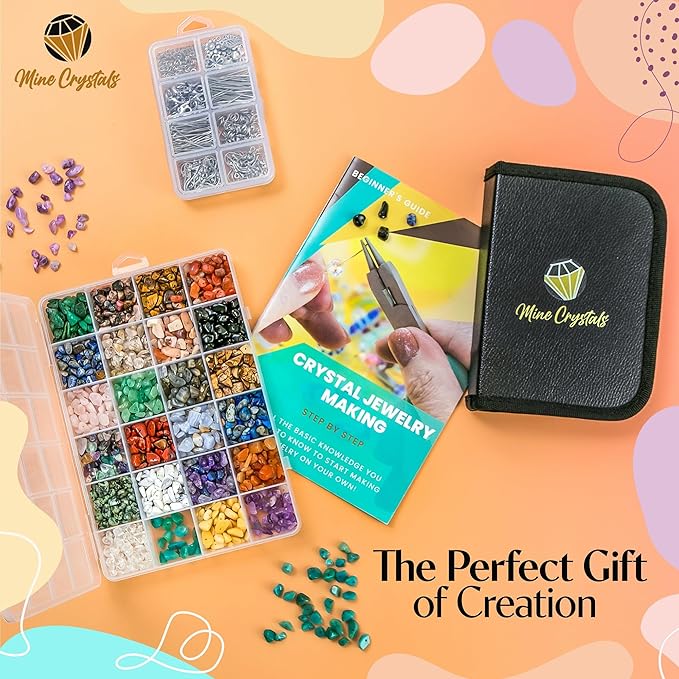 MineCrystals Jewelry Making Kit DIY Natural Crystal Chip Stones Beads Tools kit Jewelry Wires Findings Supplies Instruction Guide Gift Box for Adult Teens Craft Bracelet Earring Necklace
