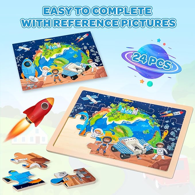 Wooden Puzzles for Kids Age 3 4 5 Year Old, 4 Pack 24 Pcs Toddler Jigsaw Puzzles for Girl Boy Geography Space Activities Preschool Learning Educational Birthday Gift Travel Autistic Wooden Toys