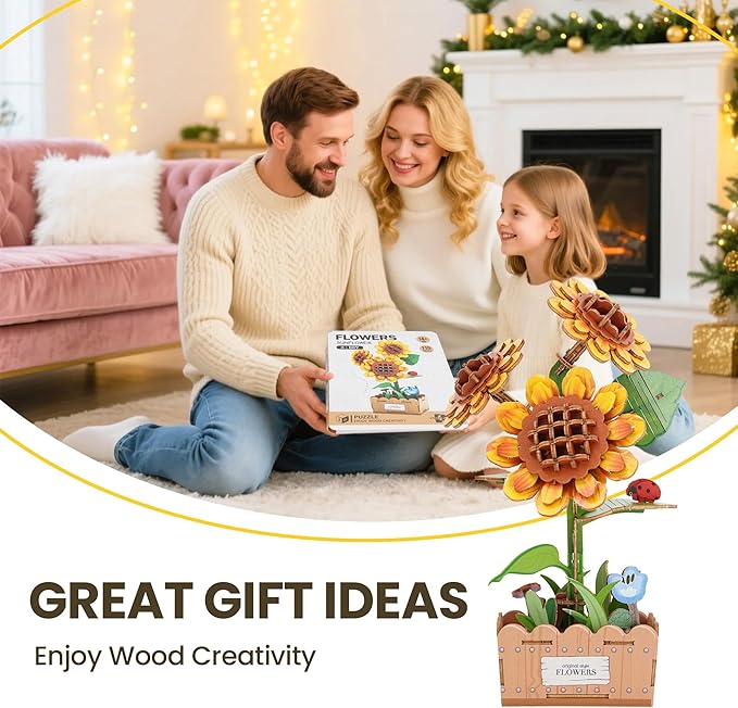 3D Wooden Puzzles for Adults - Sunflower Flower Puzzle, DIY Wooden Flowers Model Building Kits Crafts, Botanical Collection Gift Ideas for Mother's Day Birthday Christmas Housewarming
