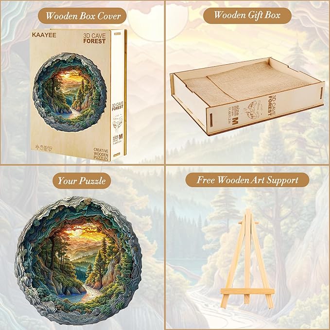 KAAYEE Wooden Puzzles for Adults, 3D Vision Effect Cave Forest Wooden Jigsaw Puzzle Unique Shape Wood Puzzle Adult, Fathers Mothers Gifts Birthday Family Games (M 11.4 * 11.3in 200pcs)