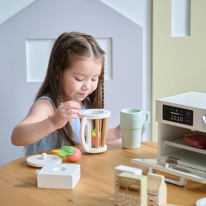 Teamson Kids Little Chef Santa Barbara Wooden Healthy Dessert Set - 27 Pieces Pretend Toy Food Accessories Plus Oven & Blender, Educational Role-Play for Kids Ages 3+, White