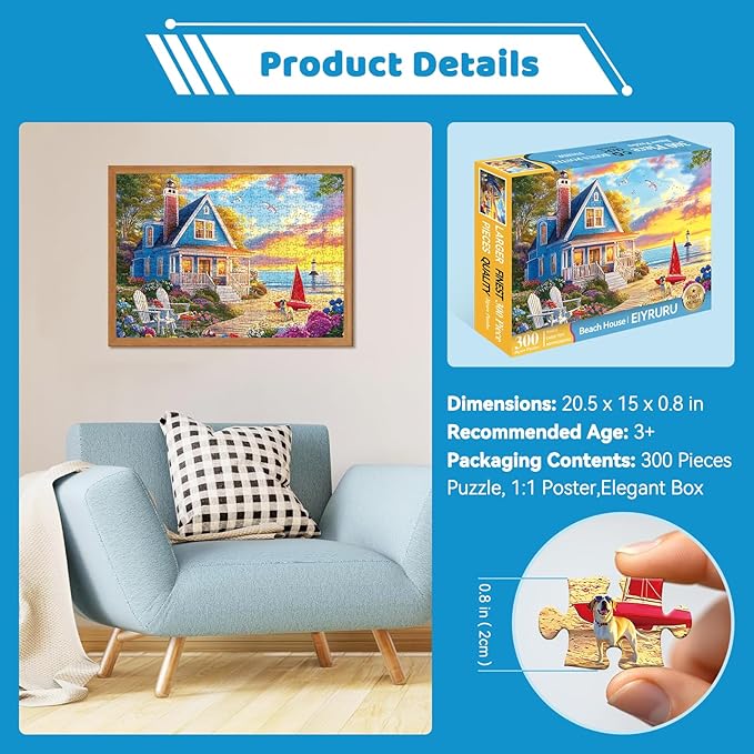 300 Piece Jigsaw Puzzle for Adults – Charming Beach House, Sailboat & Playful Dog – Fun Perfection Game, Premium Puzzle for Relaxation, Family Activity or Gift (20.5" × 15")