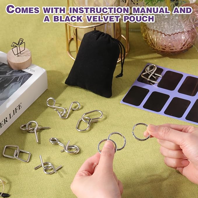 Yilloog Metal Wire Puzzle Set of 8 with Pouch, Brain Teaser Puzzles IQ Test Ring Disentanglement Unlock Interlock Game Trick Metal for Party Favor Challenge(D Style)