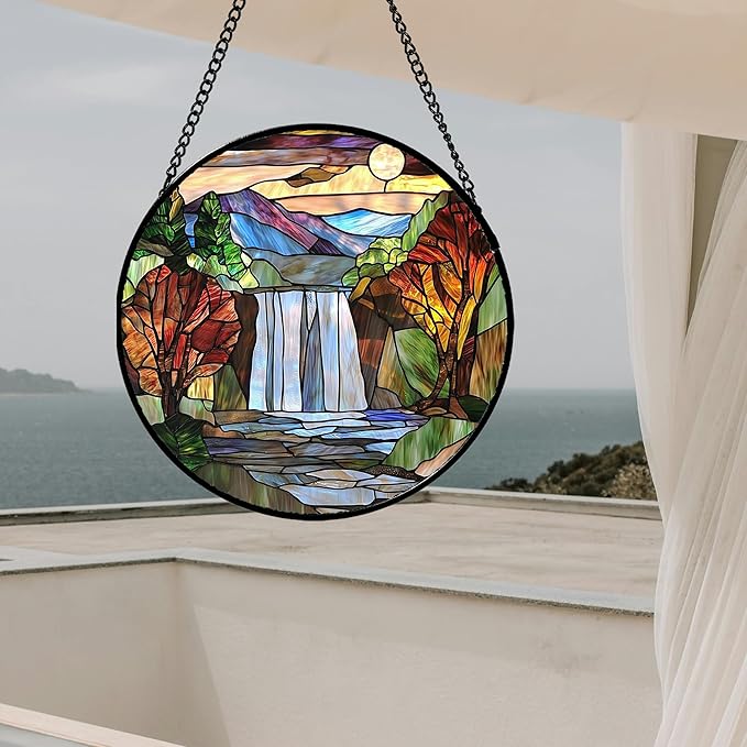 Stained Glass Window Hanging, Abstract Landscape Waterfall Mountains Trees Suncatcher for Doors Window Home Sun Catchers Decor Mother's Day Birthday Gifts for Women Men Mom 15 in
