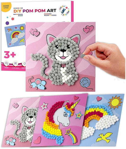 Little Jupiter DIY Pom Pom Art - Makes 3 Pieces -Boy & Girl Crafts for Kids Age 3-5 - Toddler Crafts - Pom Pom Art Projects for Kids 3-5 - (Set 2-Unicorn, Rainbow, Cat)