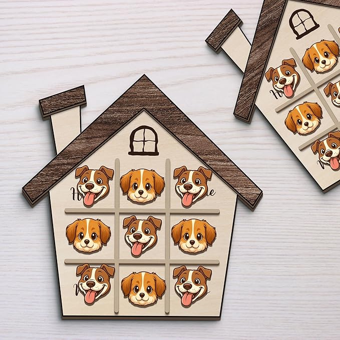 Personalized Dog XO Board Game, Personalized Cute Dog Wooden Noughts and Crosses Game, Pet Table Decor Road Trip Travel Game for Family (Dog 1)