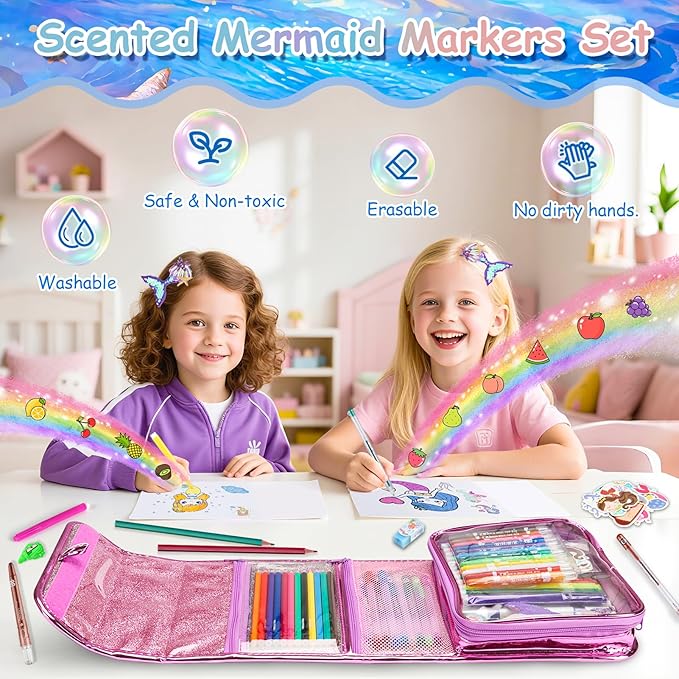 Mermaid Gifts for Girls, Washable Scented Markers Set for Kids, Include Glitter Pencil Case, Markers, Glitter Pens, Crayons 98Pcs Art Supplies Coloring Kit Birthday Christmas Gifts for Girls