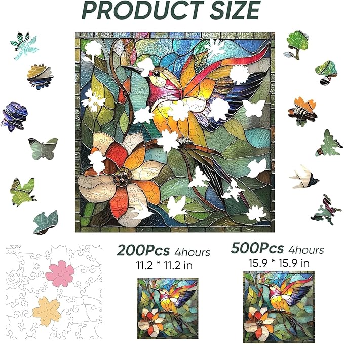 Wooden Puzzle for Adults, Stained Glass Hummingbird Puzzle 500 Piece, Unique Animal Shape Puzzles, Wooden Jigsaw Gift for Adults Thanksgiving for Family Friend (15.9 * 15.9 in)