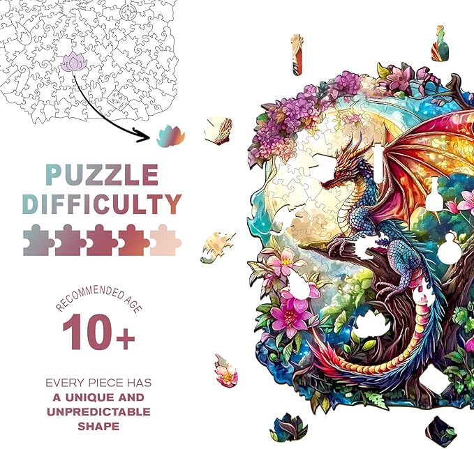 Wooden Puzzles for Adults - Dragon in Moonlight Wooden Jigsaw Puzzle, Unique Animal Shaped Wood Puzzles Adult, Christmas Birthday Gifts for Friends/Family, Home Decor 13.4 * 10.9in 250pcs
