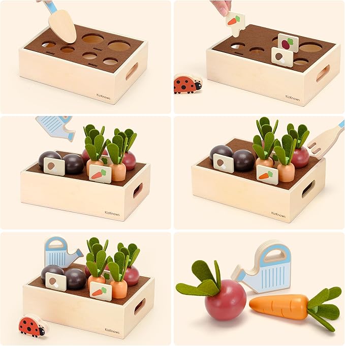 Wooden Montessori Gardening Playset for Kids – 16 Piece Plant & Harvest Toy Kit, Kids Pretend Play Food with Carrots, Beets, Mushrooms, Kitchen Accessories Toy Gift for Boys Girls 3+
