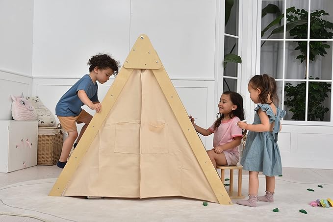 Avenlur Oak Foldable Triangle Climber 5 in 1 Kids Playhouse Hideaway Montessori Learning Play Tent, Desk, Chair Stool, Art Easel, Chalkboard, Teepee Climbing, Crawling Tunnel Toy Toddler Playset