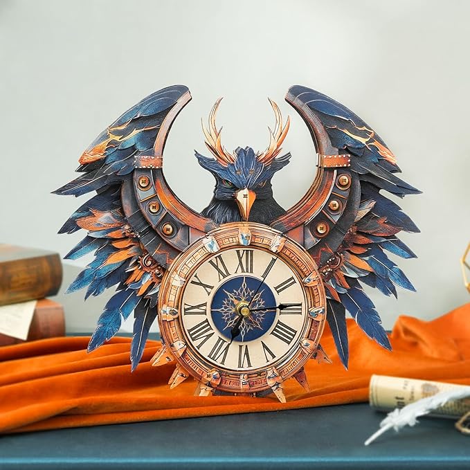 3D Puzzles for Adults Clock-Thunderbird Design Model Kit-Mechanical DIY Pendulum Clock with Roman Numerals-Desk Home Office Decor Personalized Gift for DIY Lovers