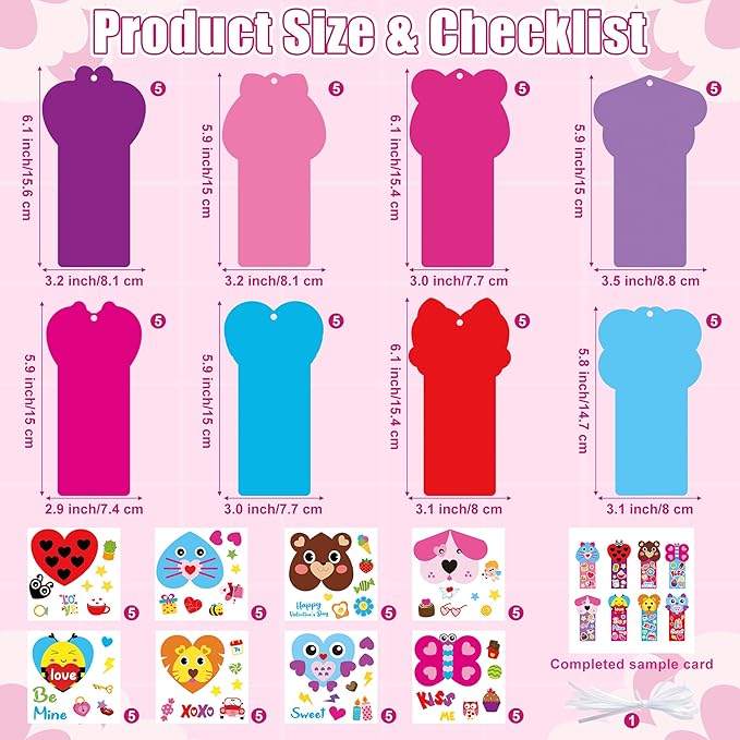 ANGOLIO Valentine's Day Bookmarks Craft Kits - 40Sets Valentine's Day Animals Craft for Kids DIY Make Your Own Heart Animal Set Self-Adhesive Face Stickers for Kids Classroom Gifts Party Supplies