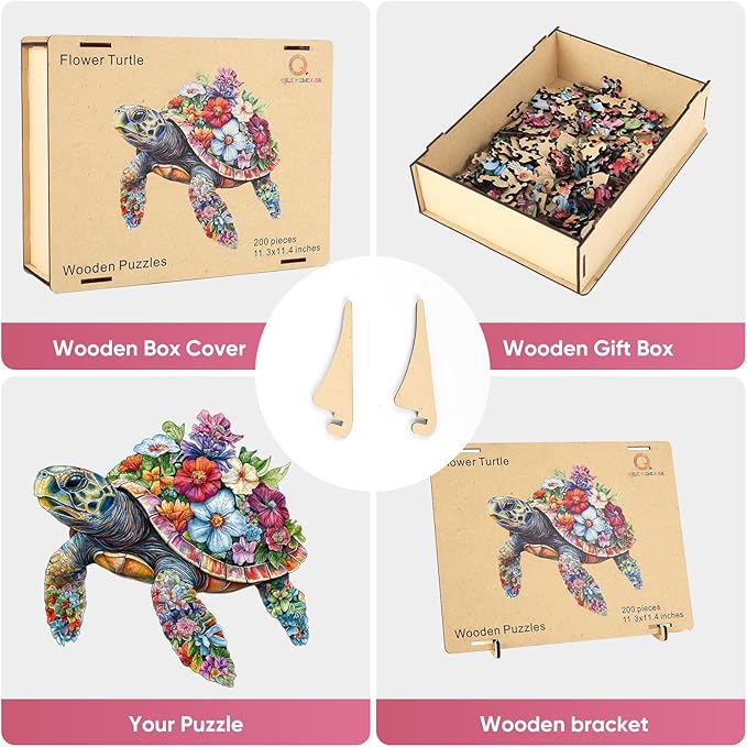 Wooden Puzzles for Adults, Flower Sea Turtle Wooden Puzzles, Unique Animal Shaped Jigsaw Puzzle for Adults and Kids，Family Puzzles Games, Party Gifts, 200 Pieces 11.3 * 11.4in