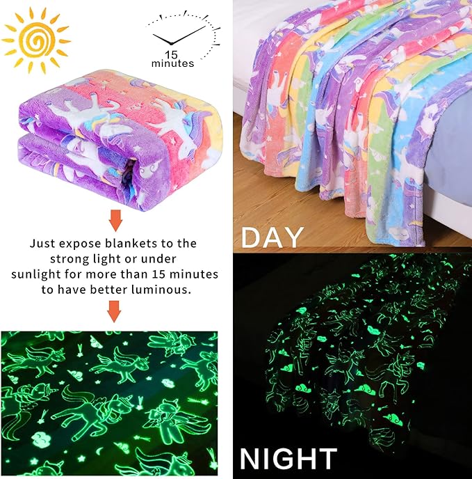 Glow in The Dark Blanket Unicorns Gifts for Girls Birthday Gift Halloween Super Cute Soft Cozy Rainbow Unicorn Star Flannel Luminous Magic Throw Thanksgiving Decor 50"x60"