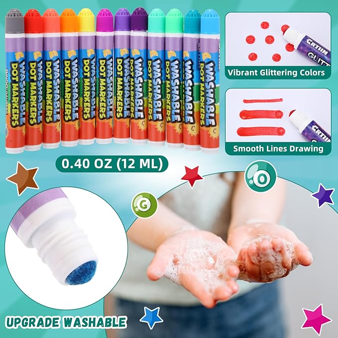 Crtiin 72 Pack Dot Markers Bulk, 12 Colors Washable Dot Markers for Toddlers Art, Children Painting Crafts, Bingo Daubers Supplies for Kids Preschool Children, Non Toxic Water-based Bingo Daubers